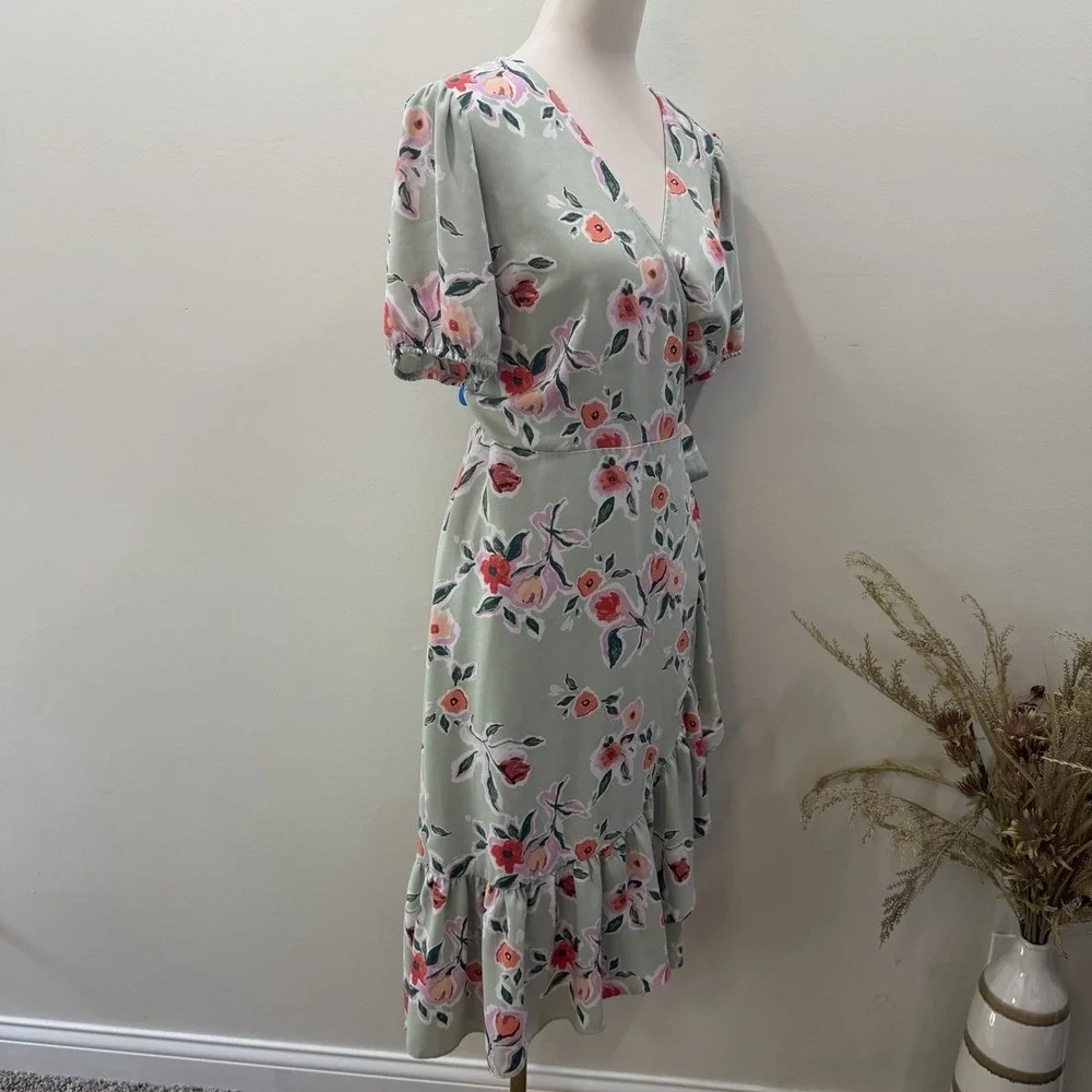 LC Lauren Conrad Size Large Sage Green Floral Faux-Wrap Midi Dress Cottagecore - Picture 3 of 15